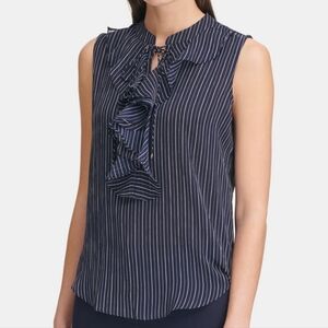 Tommy Hilfiger navy white stripe ruffle front sleeveless blouse top, size L